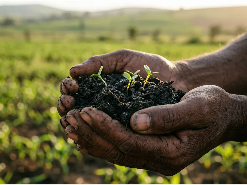 Hands working with soil on a South African farm