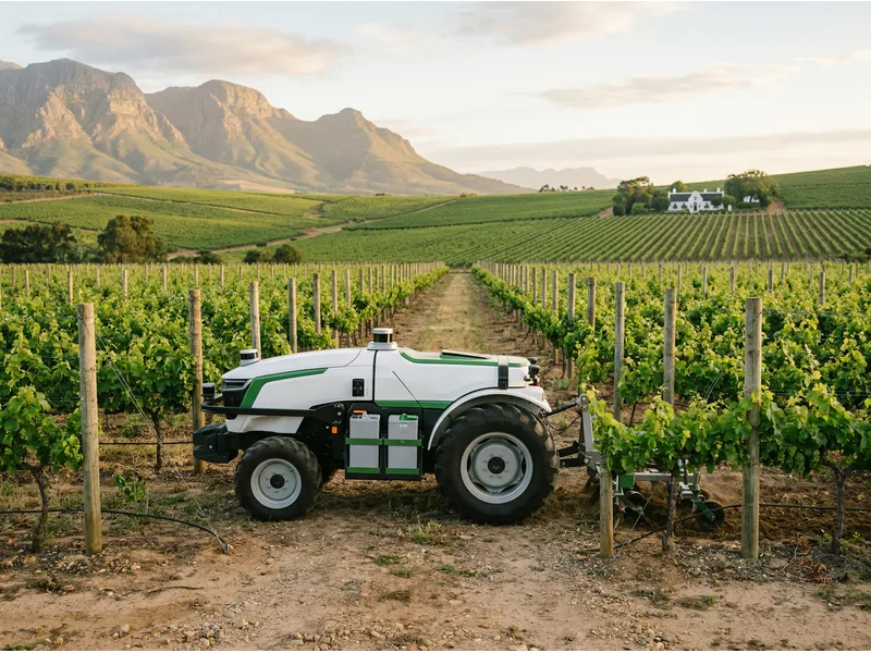 Autonomous electric tractor in a vineyard
